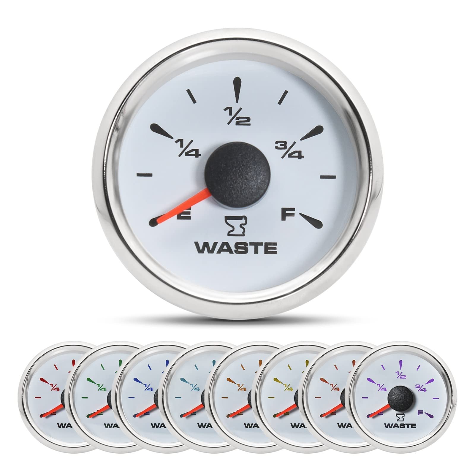 Cfwwsaq E Liquid Level Meter, 0-190Ohm 240-33 Ohm Boat Car Rv Holding Tank Level Sensor 52Mm Wast Gaug With 7Color Backlight Wast Water Sender Unit Sewage(Wast Gauge)