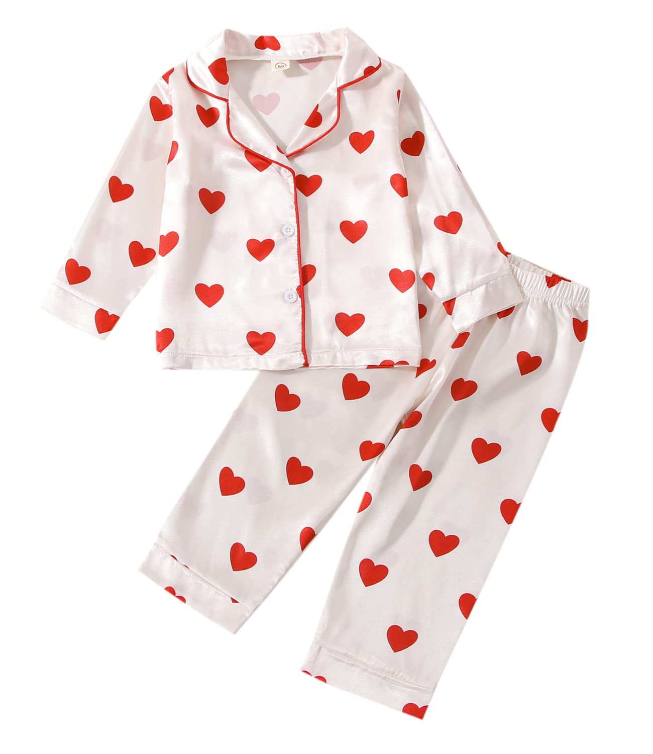 Qiylii Toddler Kids Baby Girl Satin Pajamas Set, Heart Print Valentine's Silk Pajamas Sleepwear 2pc Valentine Satin Pjs (2T, Heart)