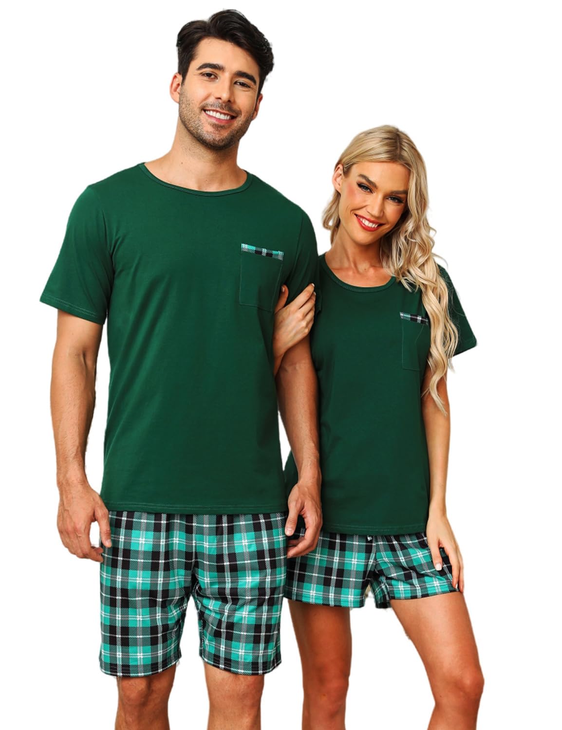 SPKPKEY Matching Pjs for Couples Cotton Mens Pajamas Set 2 Piece Sleepwear Short Sleeve Lounge Set with Pockets