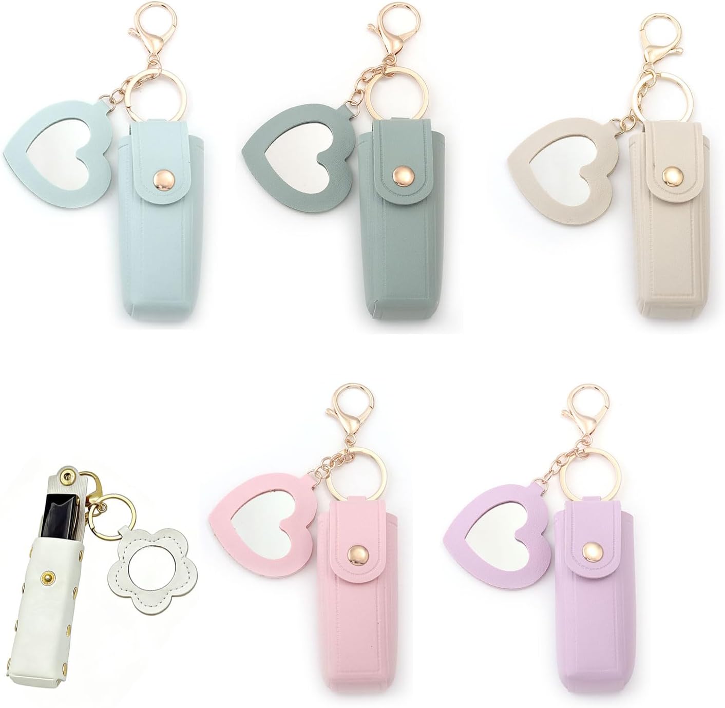 4 Pcs PU Leather Chapstick Holder Keychain with Mirror