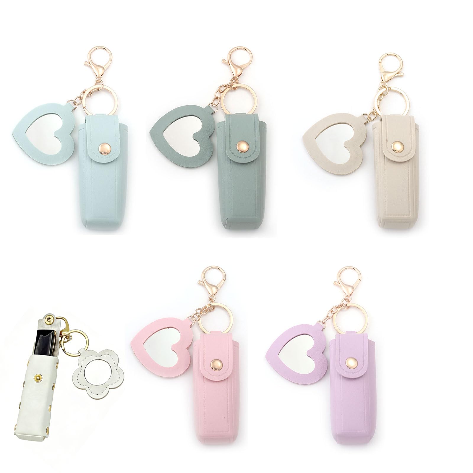 4 Pcs PU Leather Chapstick Holder Keychain with Mirror