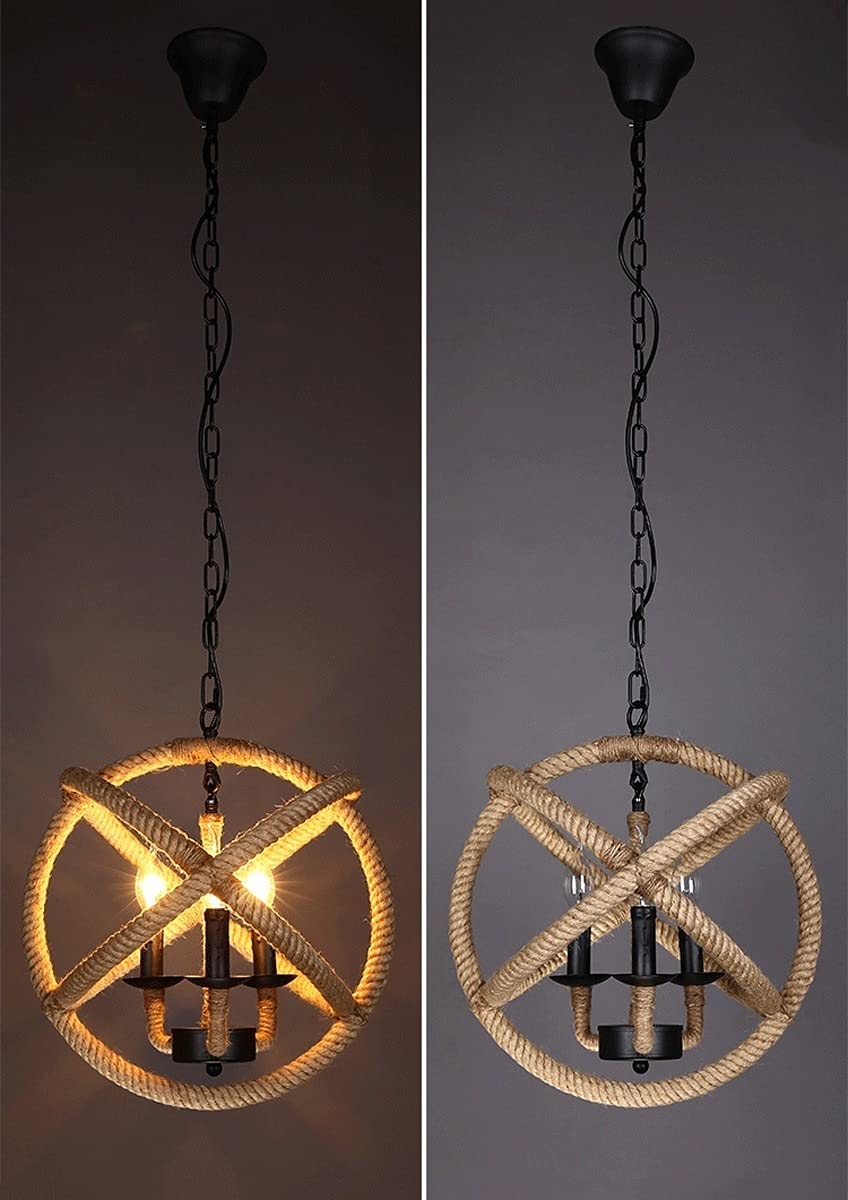 Żyrandol Vintage Retro Hemp Rope Lampa sufitowa Industrial Retro Lampa sufitowa Metalowy żyrandol z konopnej liny Loft Bar E14*3- Wisząca lampa Pastoralna Antyczna lampa wisząca Pe