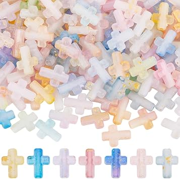 SUNNYCLUE 1 Box 200pcs Acrylic Cross Bead Mini Cross Beads Easter Rosary Small Tiny Gold Enlaced Plastic Crosses Crucifix Spacer Bead Bulk for Jewelry Making Adult Women Bracelets Necklaces