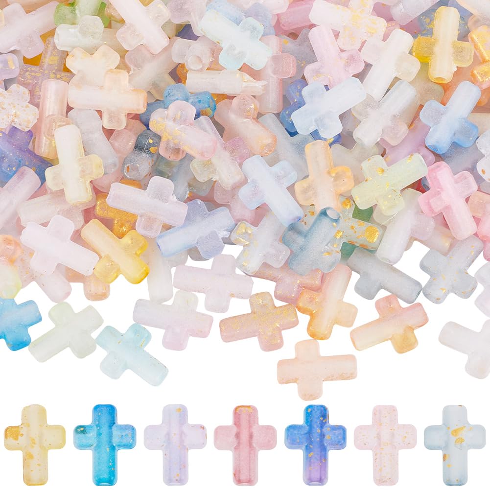 SUNNYCLUE 1 Box 200pcs Acrylic Cross Bead Mini Cross Beads Easter Rosary Small Tiny Gold Enlaced Plastic Crosses Crucifix Spacer Bead Bulk For Jewellery Making Adult Bracelets Necklaces Diy Crafting