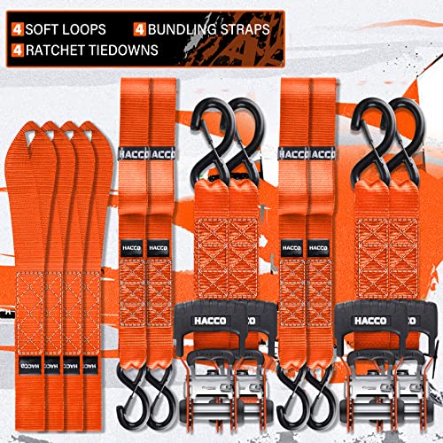 Haccoplanet Ratchet Straps, 5280Lb Break Strengeth, 4Pk 1.6" X 8' Heavy Duty Ratchet Tie Down Strap Set With Padded Handle, Coated S Hook, Soft Loop For Atv Utv Motorcycle Truck Cargo Straps (Orange) #TOP3