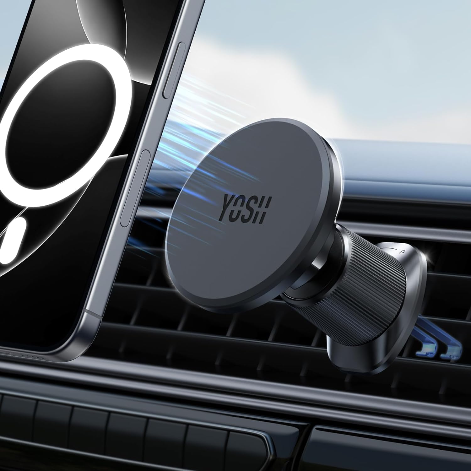 YOSH Handyhalterung Auto für MagSafe mit Bimetallhaken für iPhone 12–17 | 360° drehbare Magnethalterung, N52-Magnet mit 35 N Haltekraft, Gummierung schützt Smartphone und Lüftung vor Kratzern