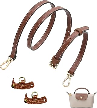 Crossbody Strap Replacement compatible with Longchamp Le Pliage Original Pouch with Handle Mini Bag, Bag Accessories, Shoulder Strap with Leather Buckles Width 11mm/0.4in, Cognac