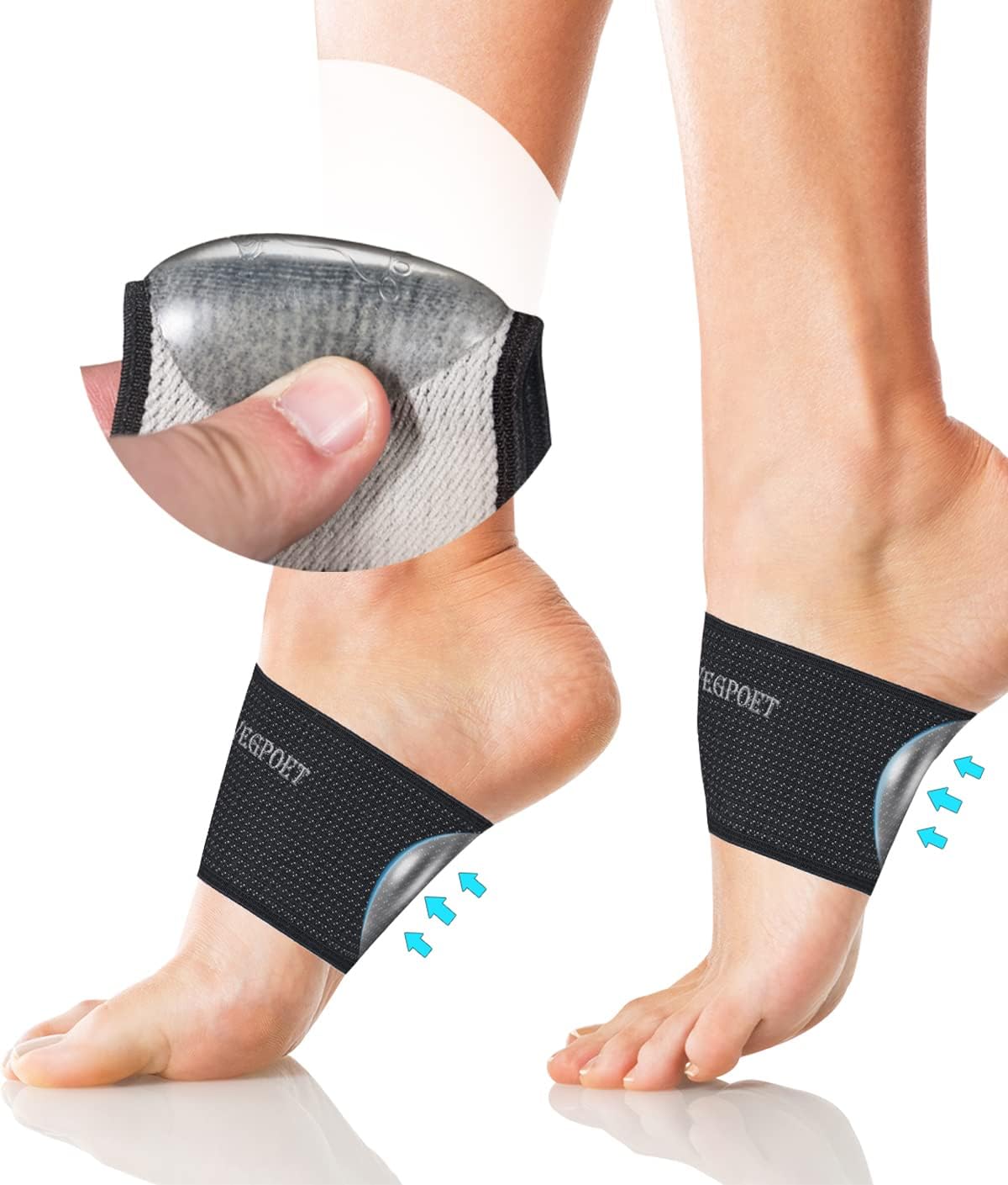 VEGPOET Plantar Fasciitis Relief - Copper Arch Support Braces/Sleeves with Gel Pads, Flat Foot Pain Relief (Men & Women,1 Pair,Black)