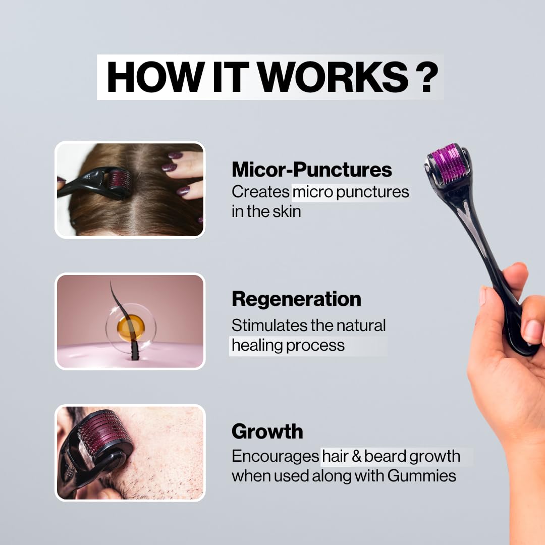 Amocare Biotin Gummies & 0.5mm Derma Roller Combo for Hair Growth & Skin Care | 10000 mcg Biotin Gummies with 540 Titanium Microneedle Roller for Men & Women 3