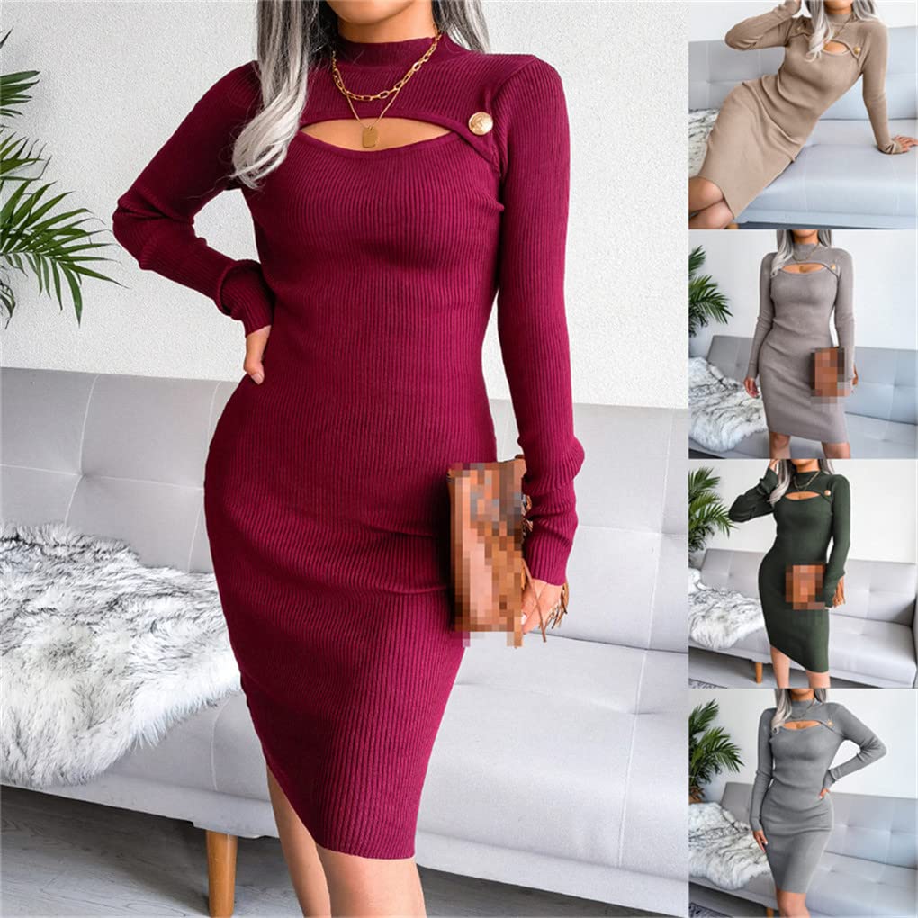 Suvoiier Vestido ajustado de punto para mujer, de otoño, de manga larga, hueco, para mujer, vestido de lápiz