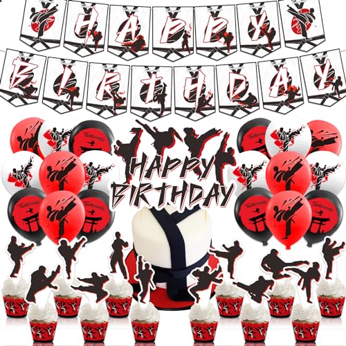 Taekwondo Birthday Party Decorations Karate Party Supplies Includes Karate Taekwondo Birthday Banner Cake Topper Cupcake Toppers Balloons for Men Women Girls Boys Party