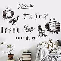 Vista 8 de Adhesivo de pared de barbería – Calcomanía de PVC extraíble con espejo, silla, maquinilla de afeitar, tijeras y cepillo – Elegante decoración