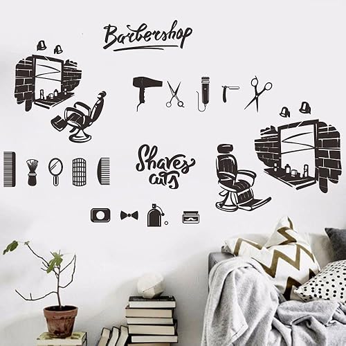 Miniatura 8 de Adhesivo de pared de barbería  Comparte un bonito espejo, silla, maquinilla de afeitar, tijeras, cepillos  PVC extraíble, efecto de 25 x 40 pulgadas