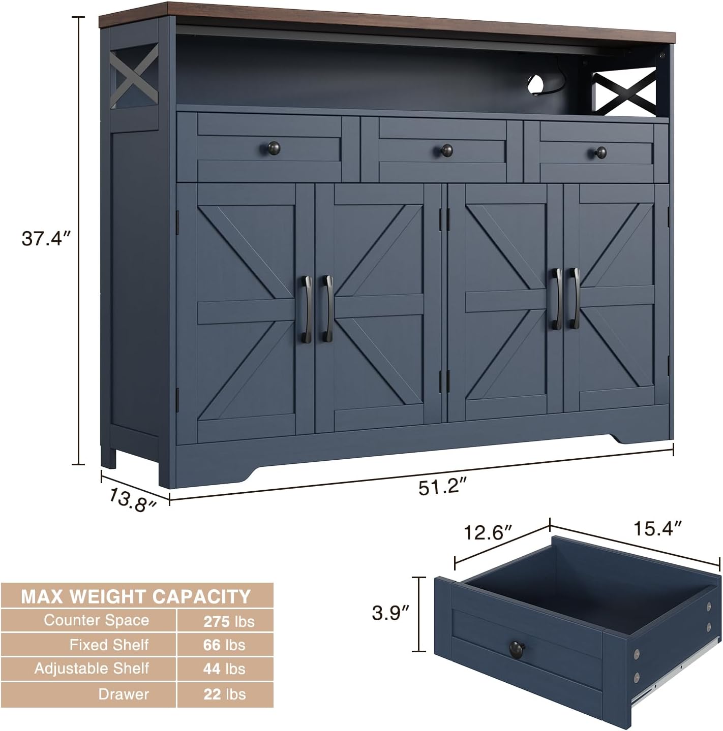 Farmhouse Buffet Cabinet with Drawers & Open Shelf, Sideboard with Storage, Kitchen Pantry Cabinet Hutch, Coffee Bar Station for Kitchen, Livingroom, 52" L Blue