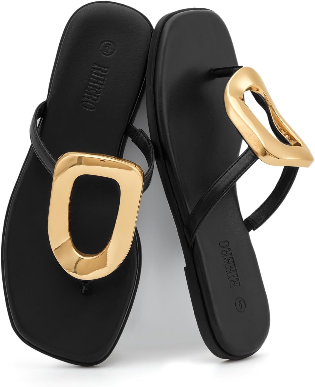 Rihero Flip Flops for Women Comfortable Square Toe Flat Sandals Slip On Summer Beach Slide Sandals with Metal Decoration - Image 6