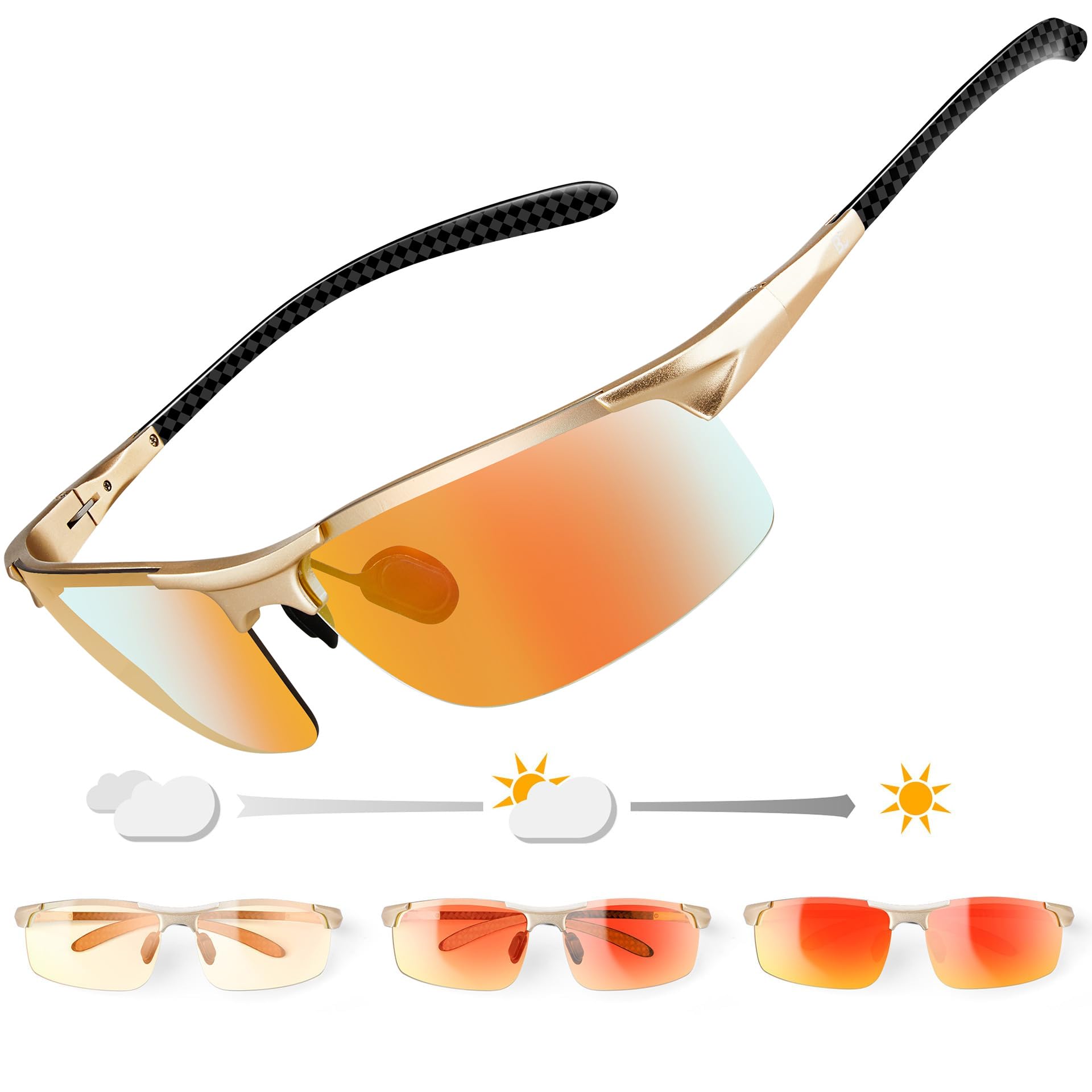 BIRCEN Gafas de sol polarizadas para hombre, protección UV: fibra de carbono, deportivas, color negro, para conducir, pescar, Marco dorado C2/lente fotocromática, talla única