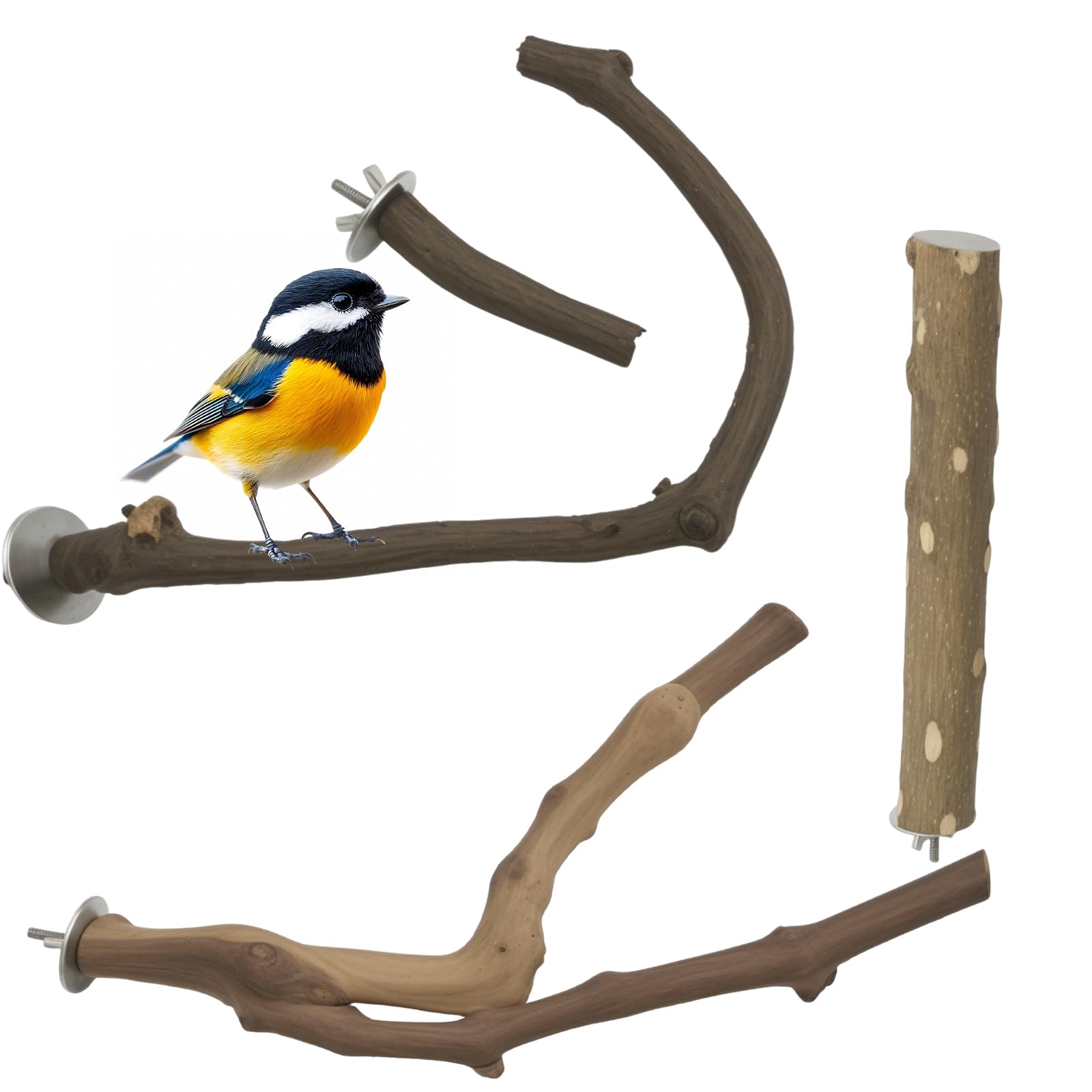 Hoypeyfiy 2-Pack Natural Wood Bird Perch Set, U-Shape and Forked Design, Provides Diverse Textures & Gripping Surfaces, for Conures, Cockatiels, Parakeets (3 pcs)