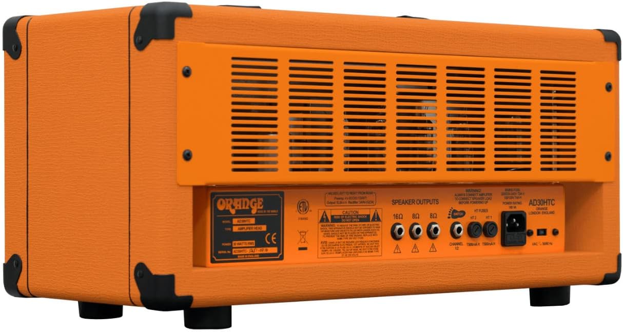 Rear view of the Orange AD30HTC amplifier head, showing the power input, speaker outputs, and fuse compartment.