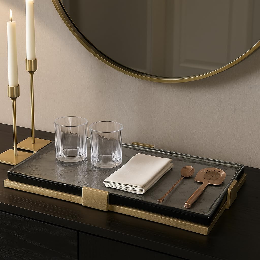 House Decor Bed Tray or Coffee Table Decor - Sleek Tray with Metal Frame and Glass Top for Home Decor Accents - Modern Decorative Centerpiece for Jewelry, Trinket, or Vanity Tray - 2" Gold & Black