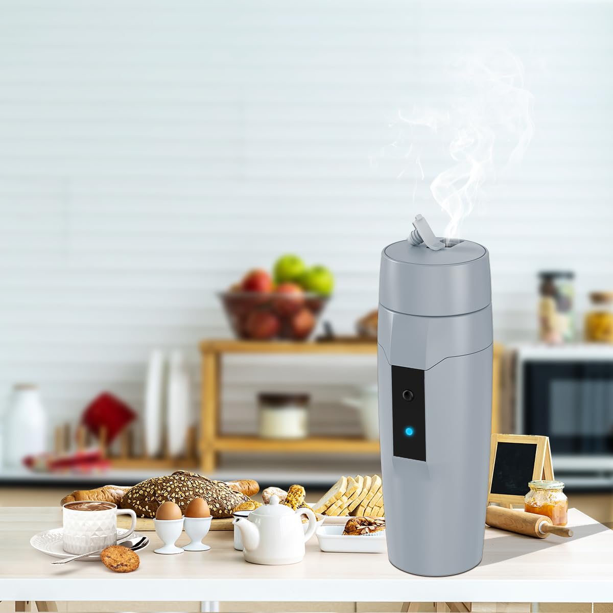 Caldera eléctrica portátil, pequeña tetera eléctrica de viaje, calentador de agua rápido de 300 W, mini taza de café eléctrica para hoteles, oficinas y caravanas, apagado y reinicio automático, gris 4