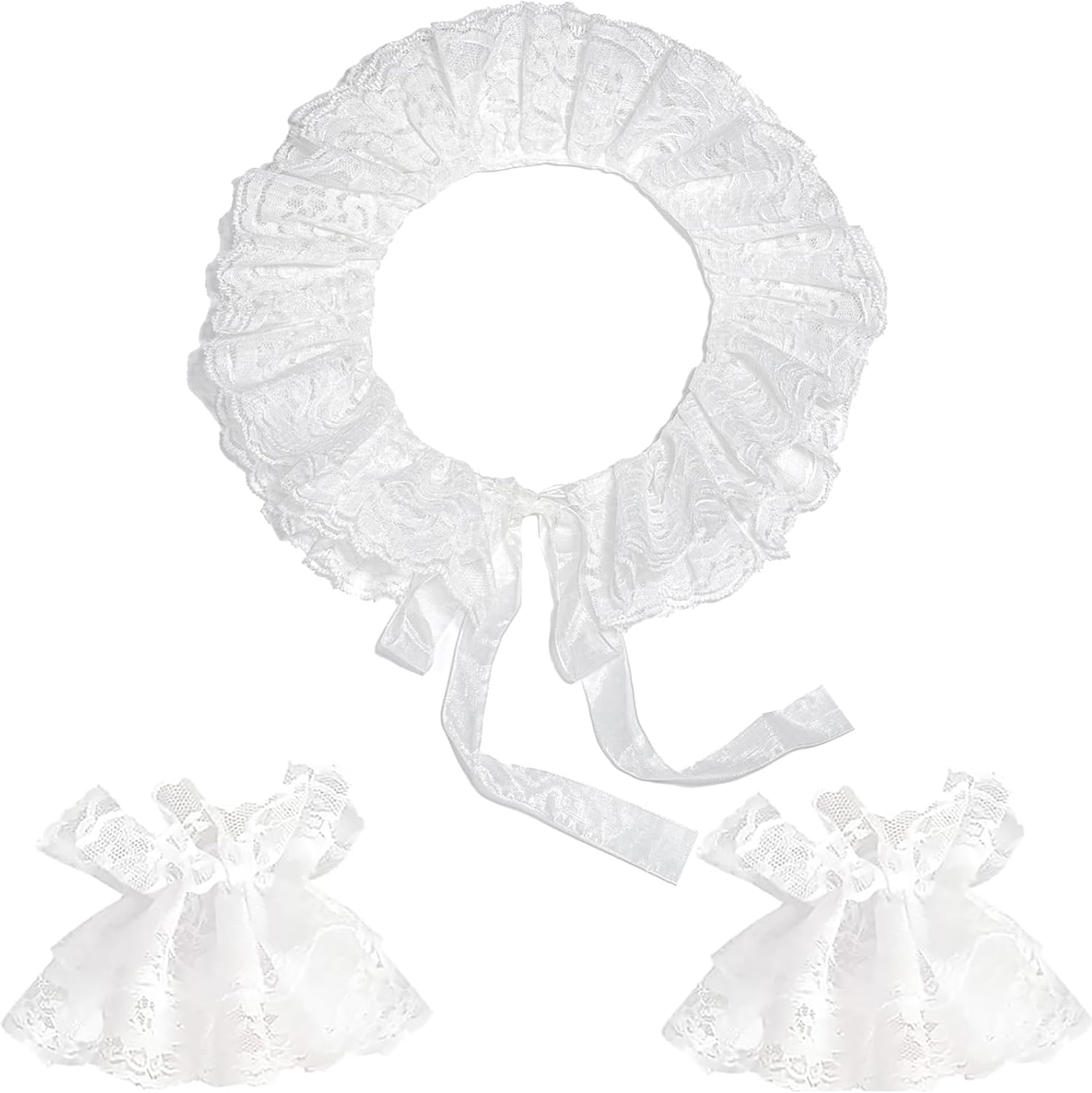 Vintage Victorian Ruffled Collar & Cuff Set, Lace Gloves, Detachable Clown Neck Accessory for Halloween or Costume Party