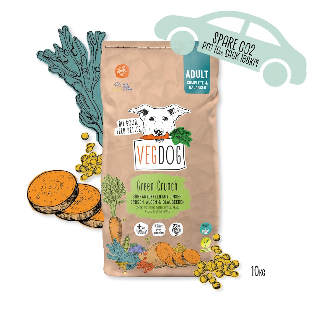 VEGDOG Green Crunch hypoallergenes Trockenfutter (10 kg) | Adulte Hunde | ohne Gluten, Getreide und Soja | Alleinfutter für Allergiker mit Erbsenprotein