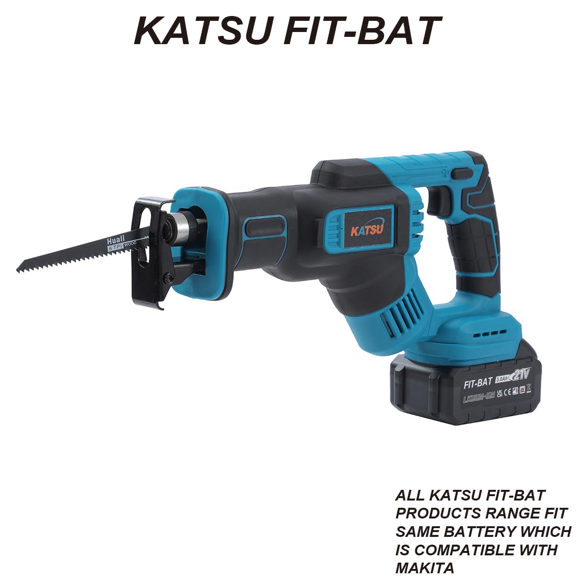 KATSU FIT-BAT 21V Sierra de Sable Inalámbrica con 3,0 Ah Batería y Cargador, 4 Hojas de Sierra, 28mm Longitud de Carrera, Velocidad Variable, para Poda de Corte de Metal y Madera