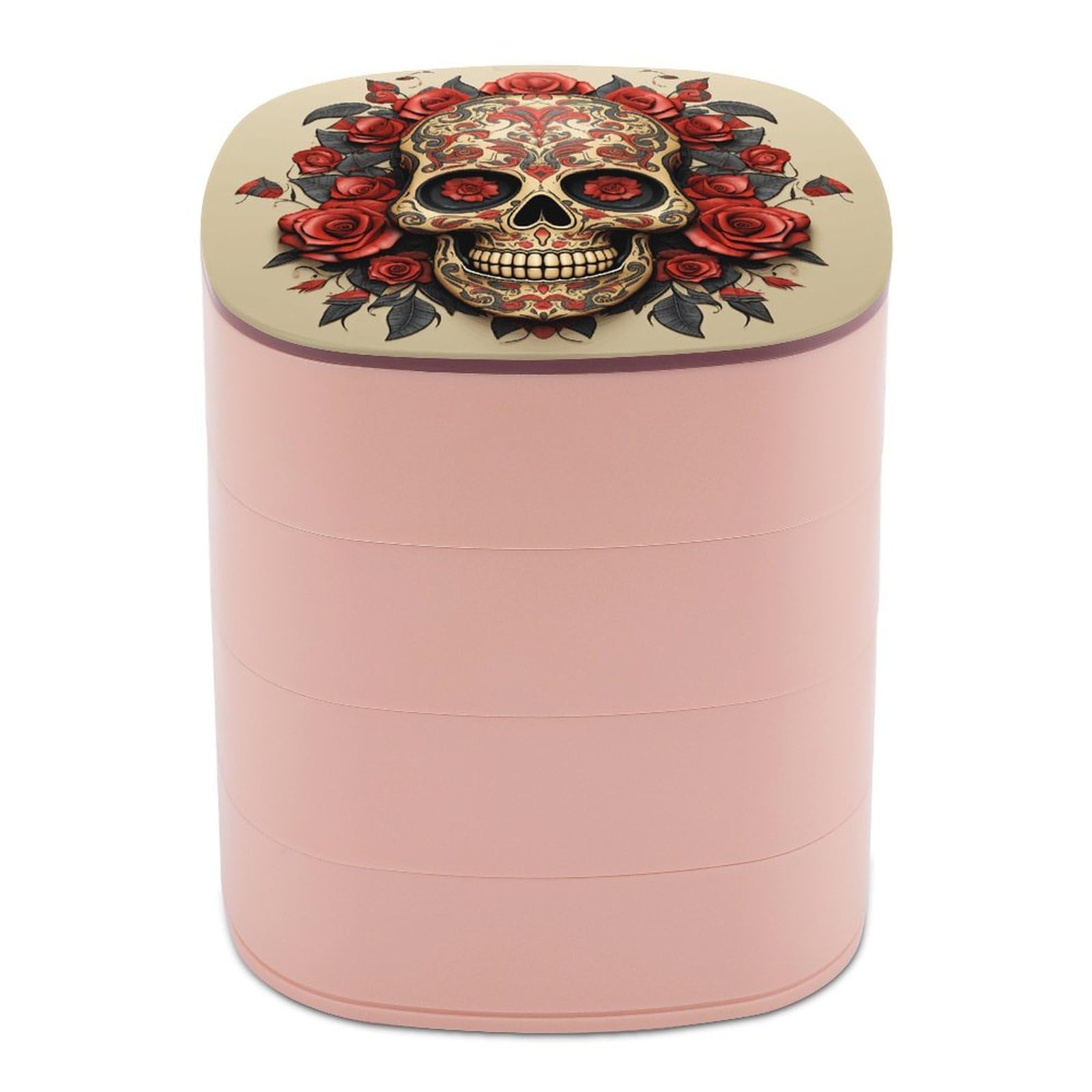 VstaDank Red Rose Sugar Skull Jewelry Box with Mirror Travel Small Jewelry Case for Women 4-Layer Rotatable Jewelry Organizer Storage Box Portable Jewelry Storage Case for Rings Earrings