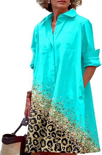 LOAIHA Womens Black Animal Print Casual Loose Fit Button Down Shirt Dress with Pockets
