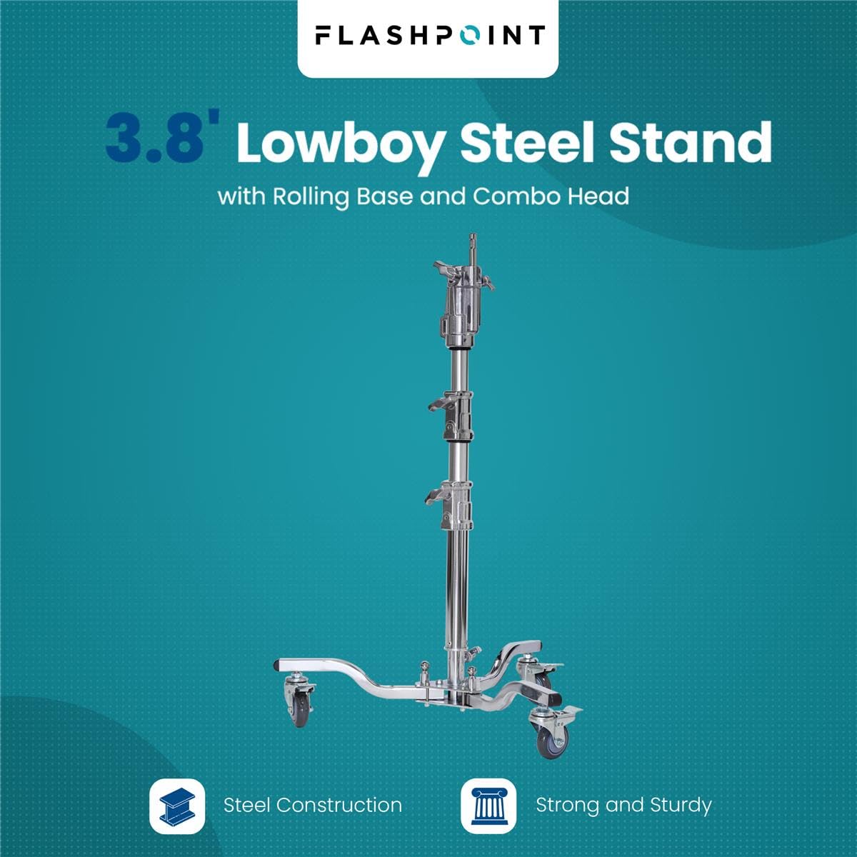 Flashpoint Heavy Duty 3.8ft Lowboy Steel Stand with Rolling Base and Combo Head, Max Load 44lb