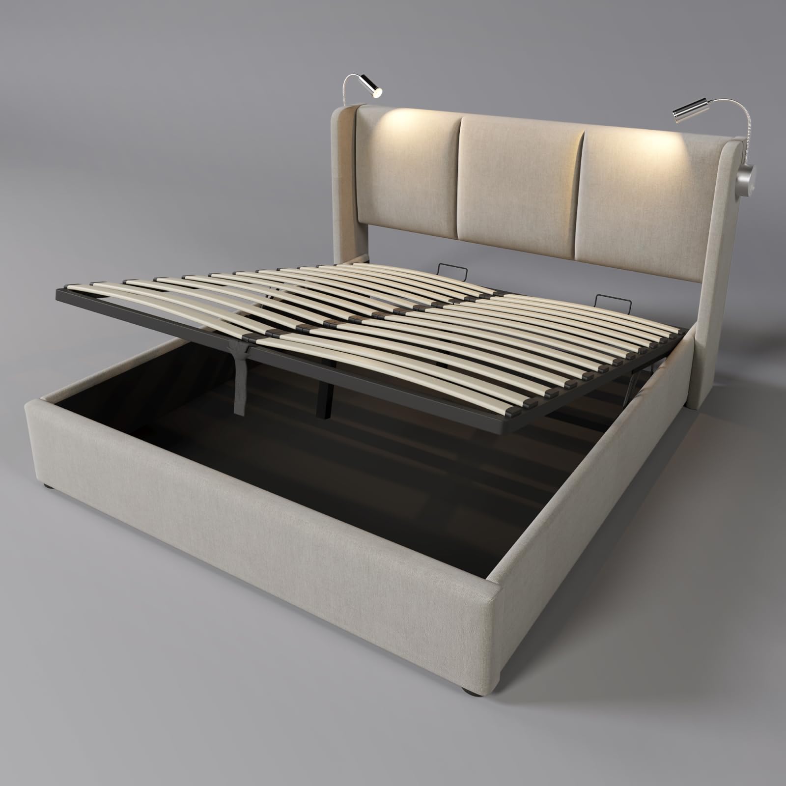 FEEOHOME Letto contenitore 160 x 200 cm, letto matrimoniale con vano contenitore idraulico e rete a doghe, Letti imbottito con luce di lettura per adolescenti e adulti, Lino beige