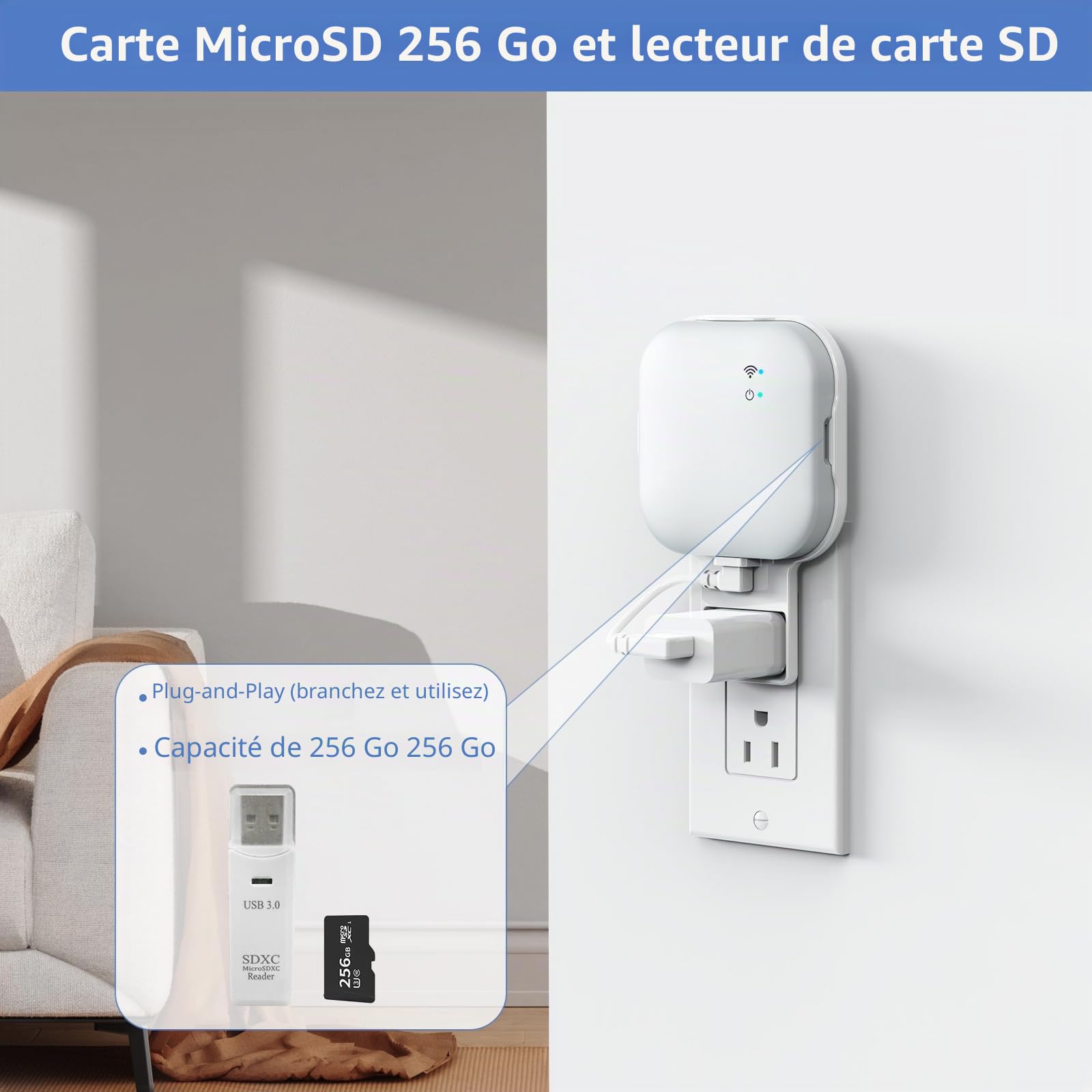 Carte MicroSD 256 Go et Module de synchronisation XR, Support sans perçage pour caméras de sécurité extérieures/intérieures Blink, câble USB-C, Lecteur de Carte SD (Module de synchronisation XR Non