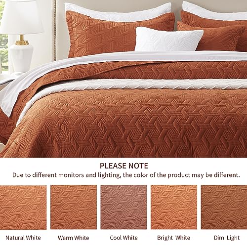 Quilt Set King Size 3 Pieces,Lightweight Burnt Orange/Rust Bedspread-98''X106'',Soft Microfiber Summer Quilt,Luxurious Warm Bamboo Pattern Coverlet Sets For All Seasons (Includes 1 Quilt, 2 Shams) #TOP5