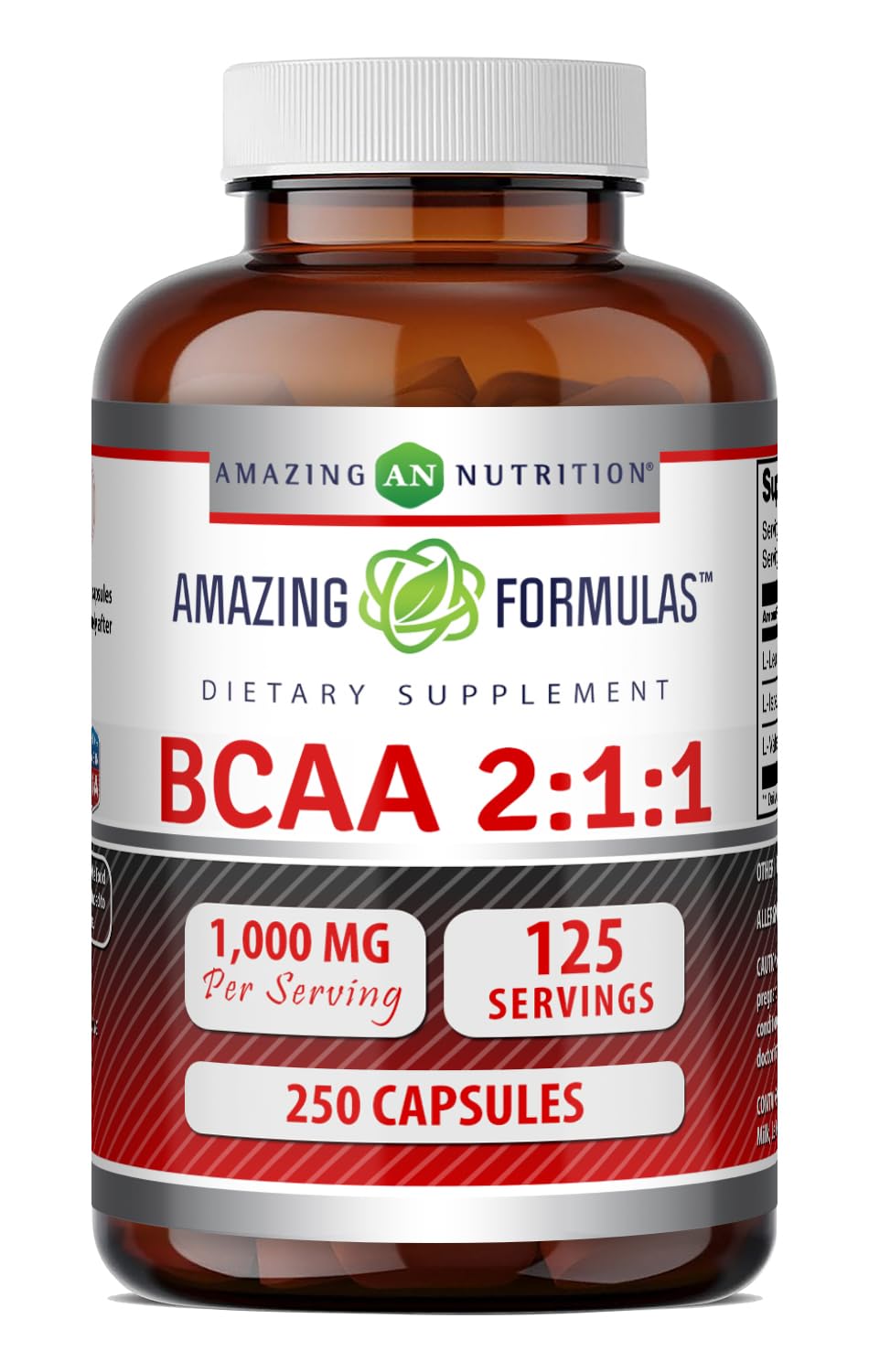 Amazing Formulas BCAA 2:1:1 1000 Mg Per Serving | Capsules | Branched Chain Amino Acids Supplement | Non-GMO | Gluten-Free | Made in USA (250 Count, Pack of 1) Pack of 1 1 Count (Pack of 1)