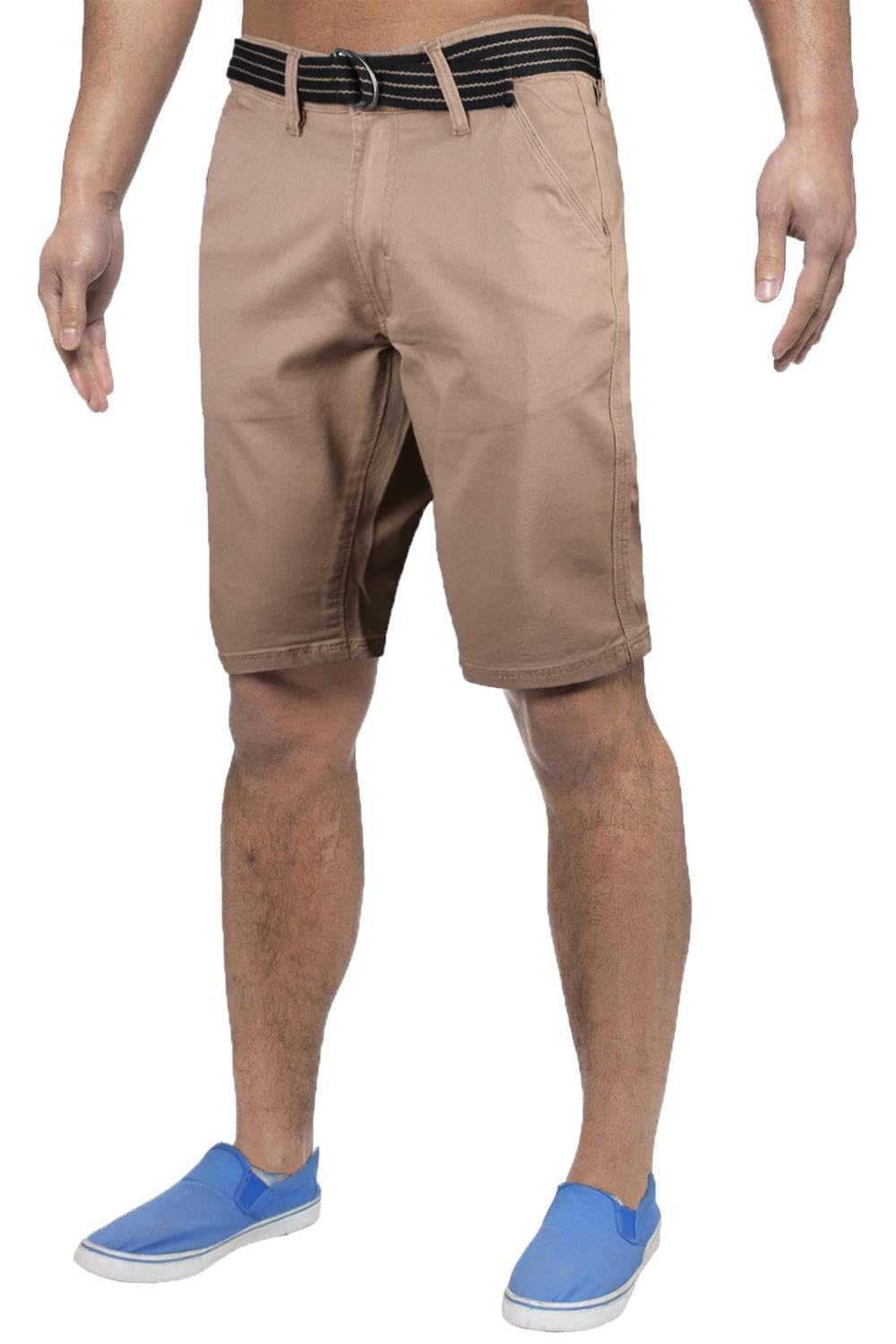 True Face Men Shorts Stretchable Chino Cotton Slim Fit Shorts Zip Fly Summer Half Pants with Belt Casual Knee Length Bottoms with Pockets Stone 34