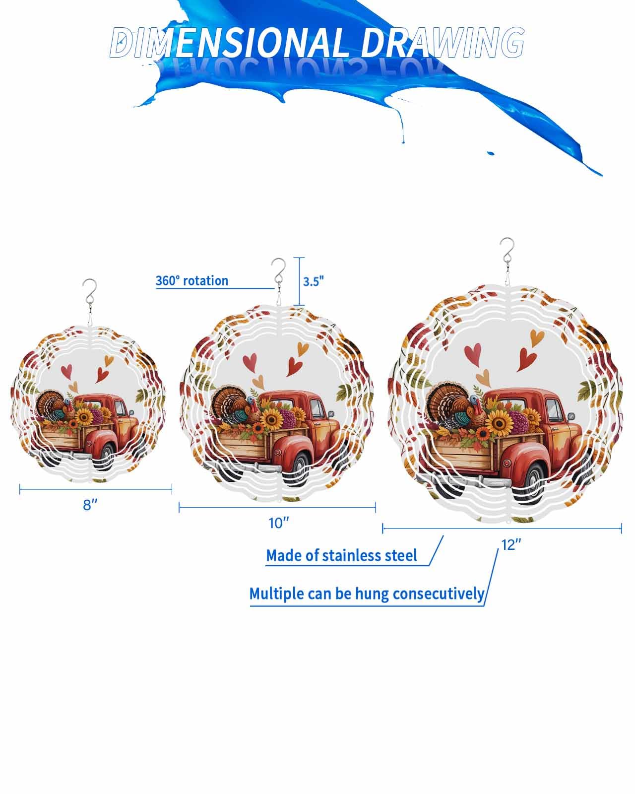 Autumn Wind Spinners, Fall Truck Turkey Love Heart Hanging Wind Spinners for Yard and Garden 3D Stainless Steel Metal Sculptures Crafts Ornaments 12 Inch
