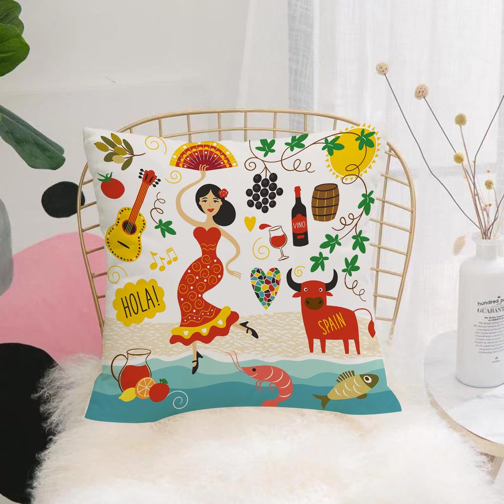 Hyosxw Spain Landmarks And Symbols Set - A2 Cushion Cover,Throw Pillow Case Home Decorative For Living Room Bedroom Sofa Chair 18X18 Inch,Spain Landmarks And Symbols Set,Pillowcase 45X45cm