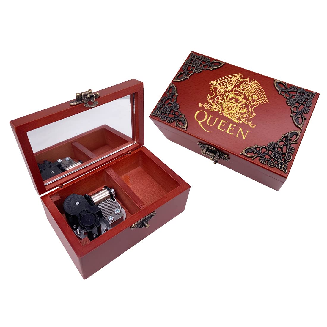 Youtang Queen Jewelry Music box with Mirror Carved Wood Musical Box Wind up Gift Box Play Bohemian Rhapsody,Silver Movement โ image 1
