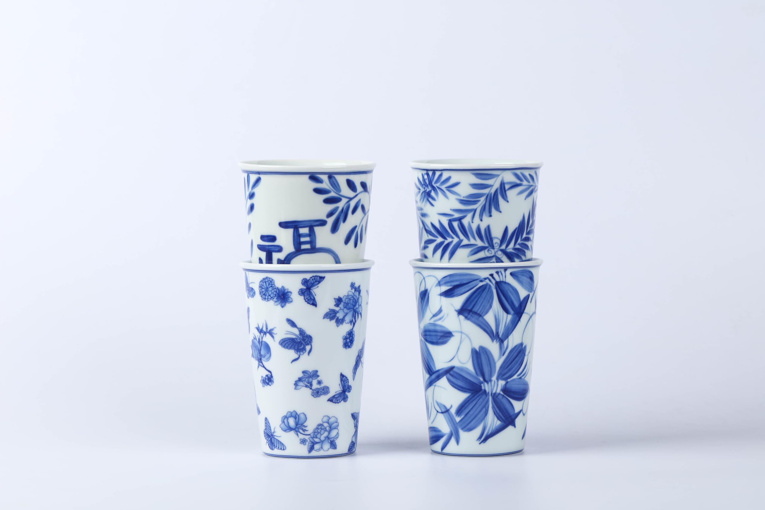 meicilin 14 oz ceramics Handmade blue and white Retro Coke cups coffee tea set of 4 china Coffee Mugs for Tea, Milk,Dishwasher and Microwave Safe?Free gift soft silicone cover and gift box