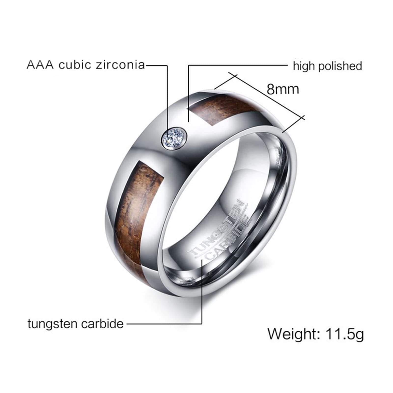 Gualiy Anelli Tungsteno Uomo, Anelli Punk Rock Anello in Argento 8mm Intarsiato in Legno Anelli Taglia 15 a 27