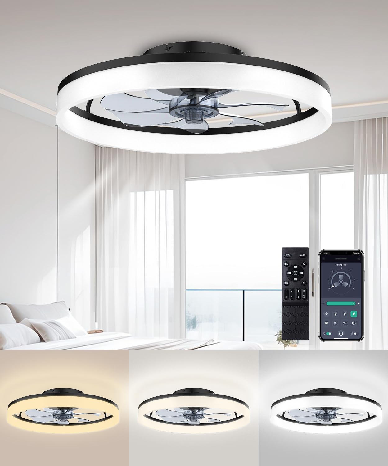 Ceiling Fans with Lights and Remote, 20" Modern Low Profile Ceiling Fan with Light, Stepless Color Temperature Change and 6 Speeds for Bedroom, Kids Room and Living Room (Black)Global Recycled StandardGlobal Recycled StandardGlobal Recycled Standard