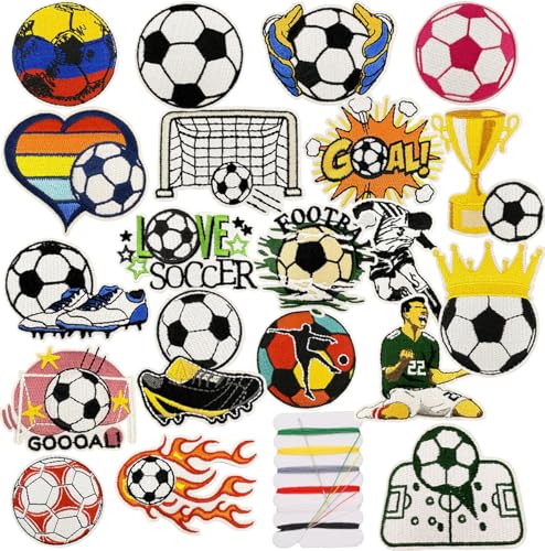 20 Stück Fußball Fussball Patches Iron on/Sew on Aufnäher Stickerei Fußball Bügeln auf Patches Aufnäher für Aufnähen oder Aufbügeln auf Kleidung Rucksäcke Jacken T-Shirt Kleid Hut Jeans