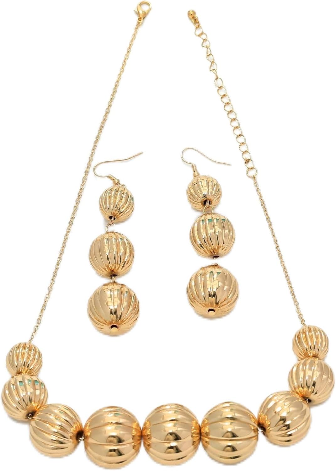 Chunky Lucky Bead Graduated Ribbed Sphere Necklace Earrings Jewelry Set For Women Statement Glam Elegant Party Adjustable Chain Gold Color