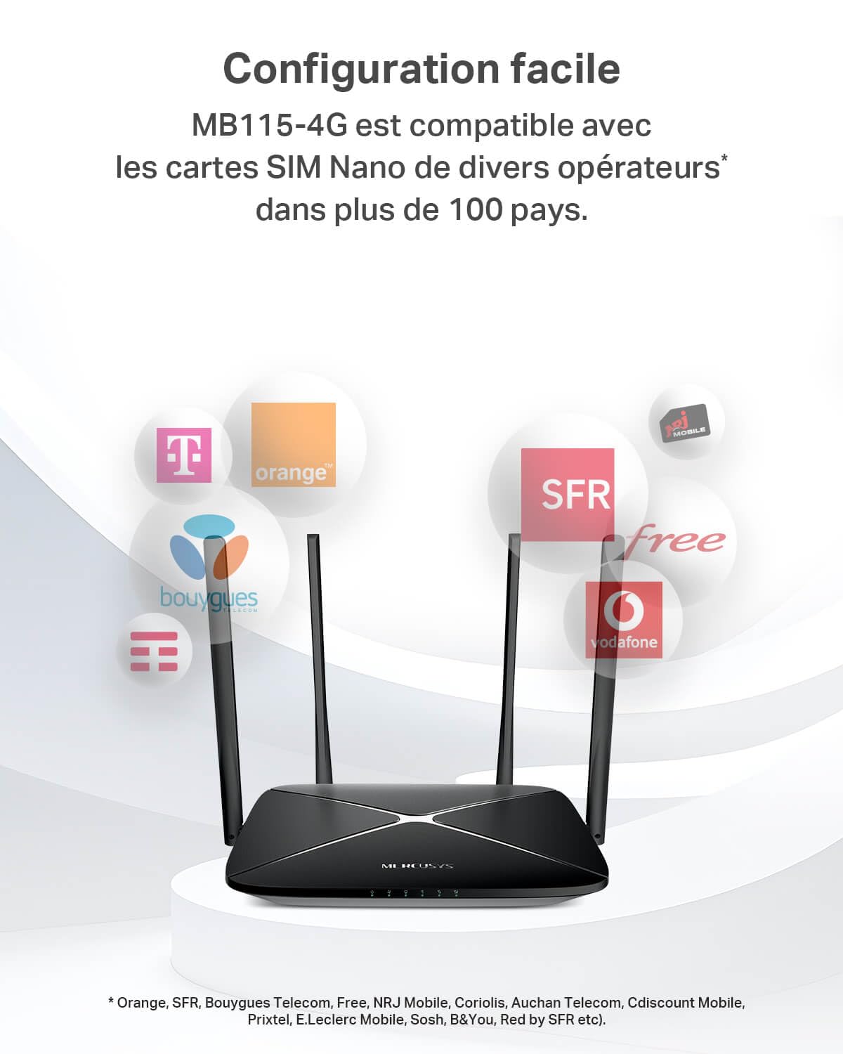 Mercusys MB115-4G Routeur 4G LTE WiFi 300 Mbps 2.4 GHz Carte SIM Nano 4 Antennes