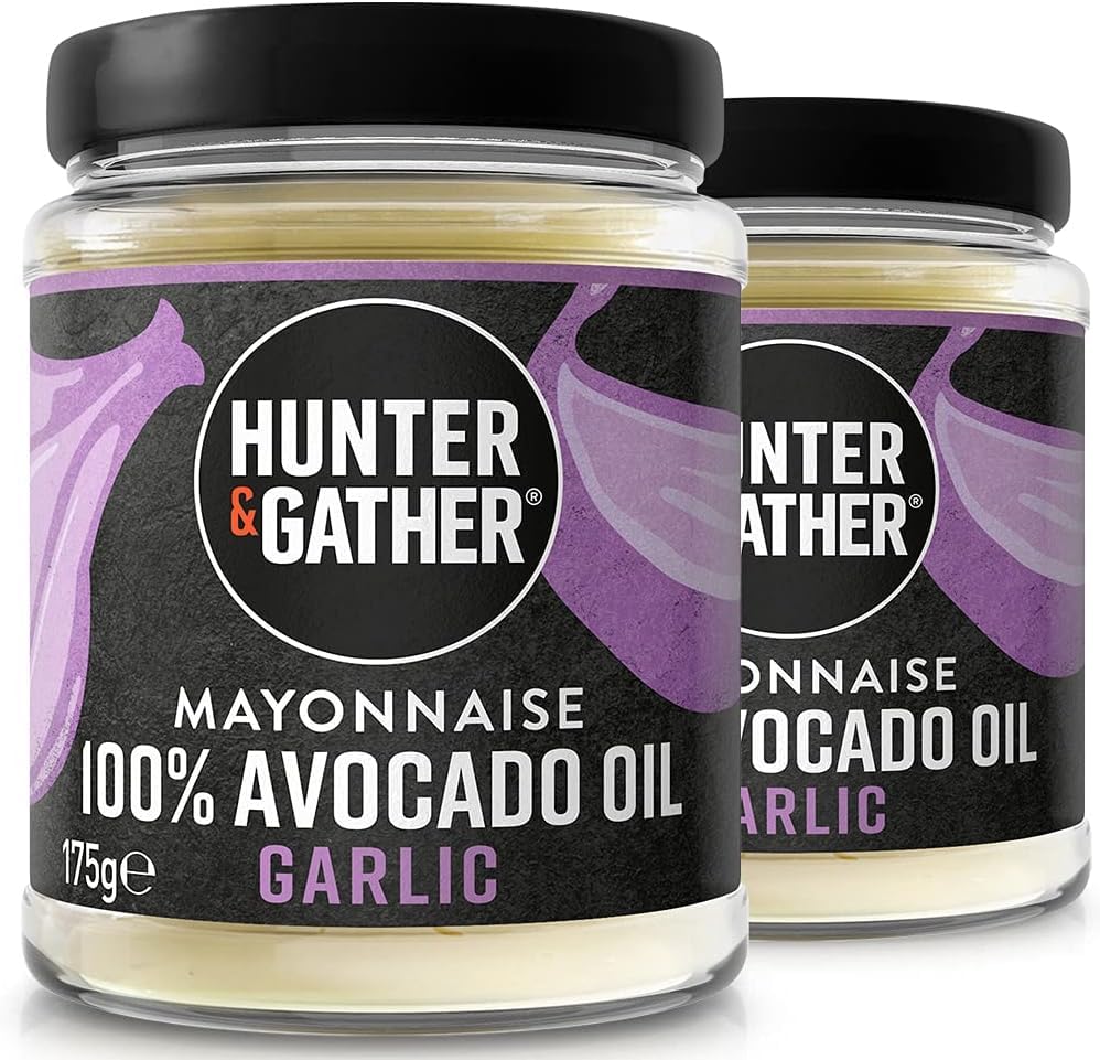 Hunter & GatherGarlic Avocado Oil Mayonnaise 2 x 175g | Seed Oil Free I Made with Pure Avocado Oil & British Free Range Egg Yolk | Paleo, Keto, Sugar and Gluten Free Avocado Mayo
