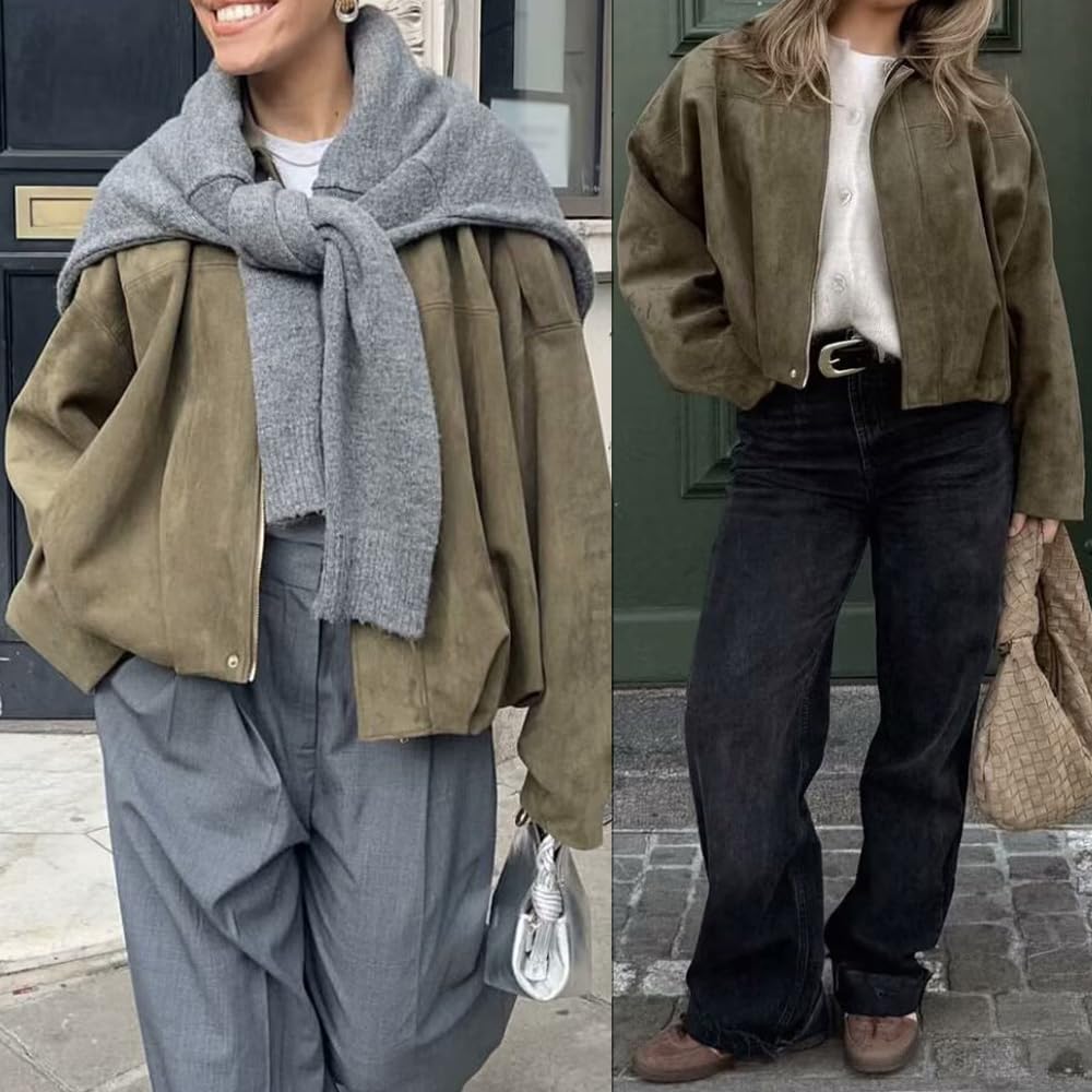 Generisch 2025 Womens Faux Suede Bomber Jacket Lapel Collar Zip Front Coat Long Sleeves Trendy Y2K Streetwear Outerwear