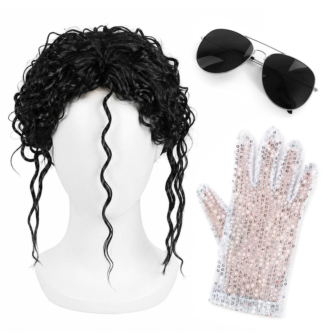 King of Pop Military Costume Set - Black & Gold Band Jacket and Trousers with Curly Black Wig Fedora Aviator Sunglasses and Sequin Glove - Legendary Music Icon 80s Fancy Dress for Adults & Stage