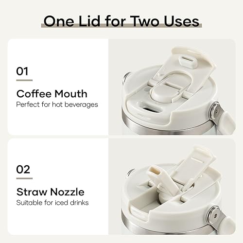 Miniatura 10 de BUZIO Vaso de 40 onzas con asa, vaso de agua aislado con tapa 2 en 1 y popote, vaso de acero inoxidable con doble pared recubrimiento de polvo, taza