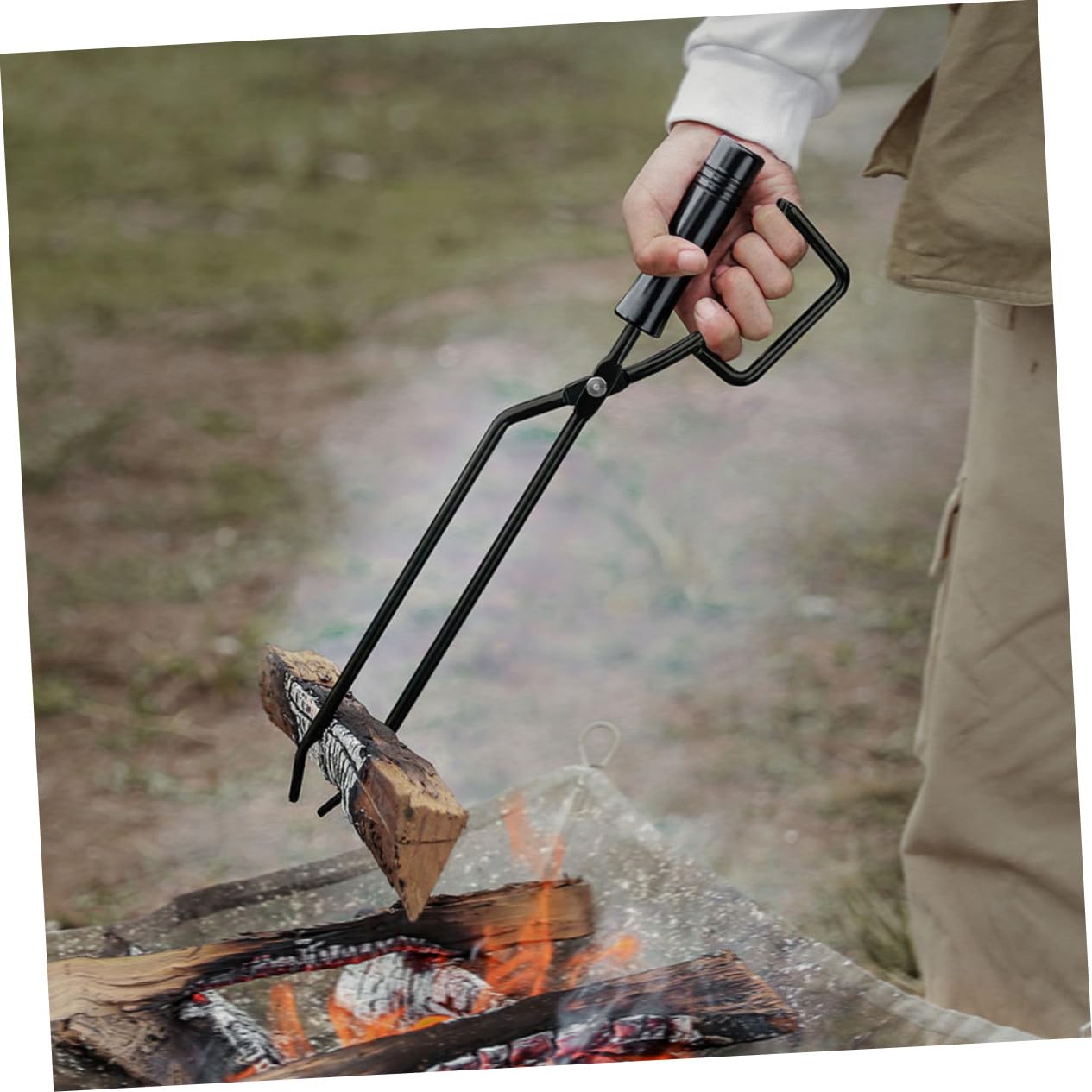 Pinzas de carbón de acero inoxidable para exteriores con mango de madera, herramientas para barbacoa para camping, jardín y hoguera, duraderas y resistentes