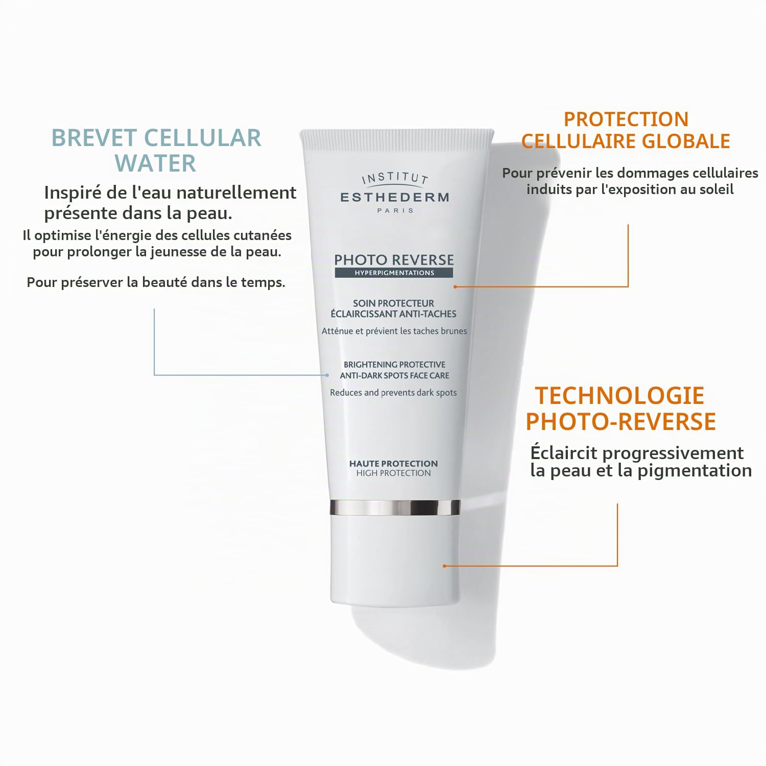 Institut Esthederm - Soin Photo Reverse Très Haute Protection - Crème Éclaircissante - Anti-Taches - Atténue et Prévient les Taches Pigmentaires - Teint Uniformisé - Tube de 50 ml